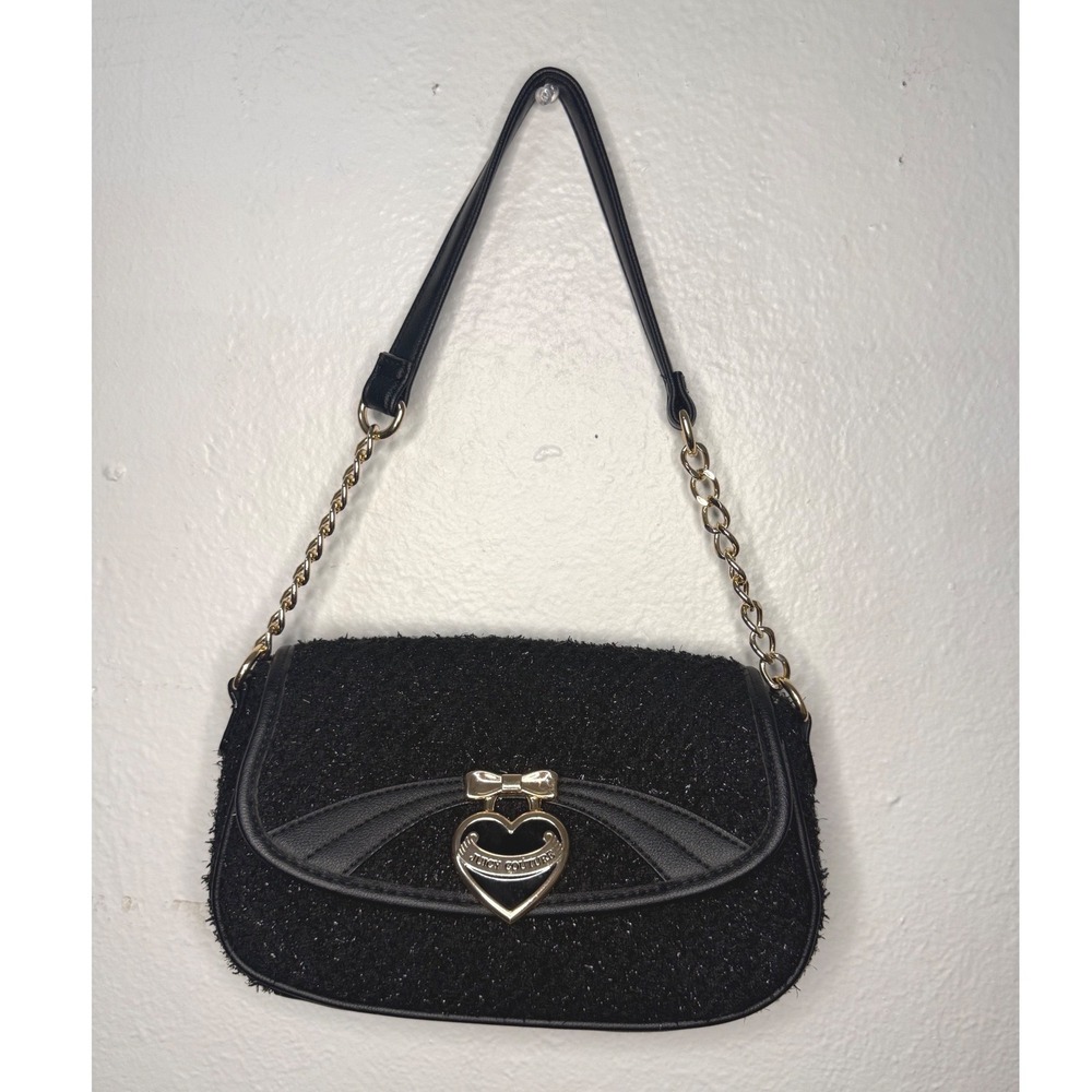 Juicy Couture Precious Moments Flap Shoulder Bag Purse Black Tweed Y2K